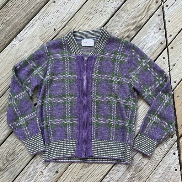 Jane Colby Women's Vintage Purple And Green Zip Front Cardigan Size M - Picture 1 of 7